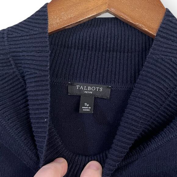 Talbots Mock Neck Pullover Sweater Small Petite SP Faux 2-Pc Woven Hem Navy Blue - Picture 3 of 7